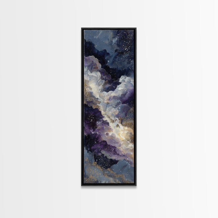 Moonlit Cloudscape with Silver Highlights Framed Canvas Print, Celestial Art, Fantasy Art, Living Room Decor, Oil Painting, CEL-1x3-45