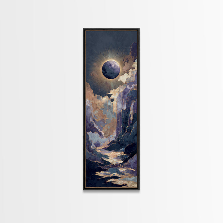 Eclipse Scene with Radiant Corona Framed Canvas Print, Celestial Art, Boho Home Decor, Living Room Decor, Fine Art, Celestial, CEL-1x3-46