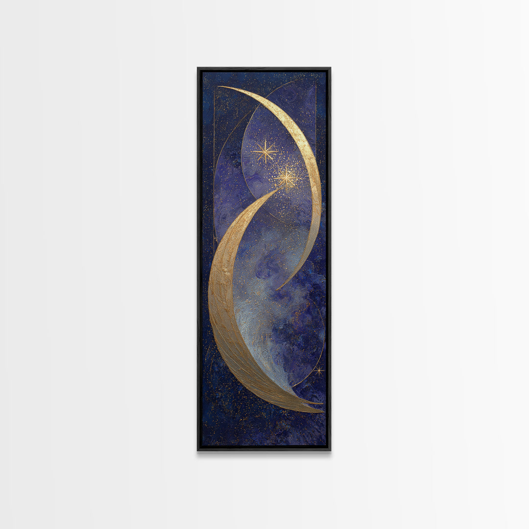 Crescent Moon Cradling a Cluster of Stars Framed Canvas Print, Celestial Art, Modern Decor, Living Room Decor, Celestial, CEL-1x3-61