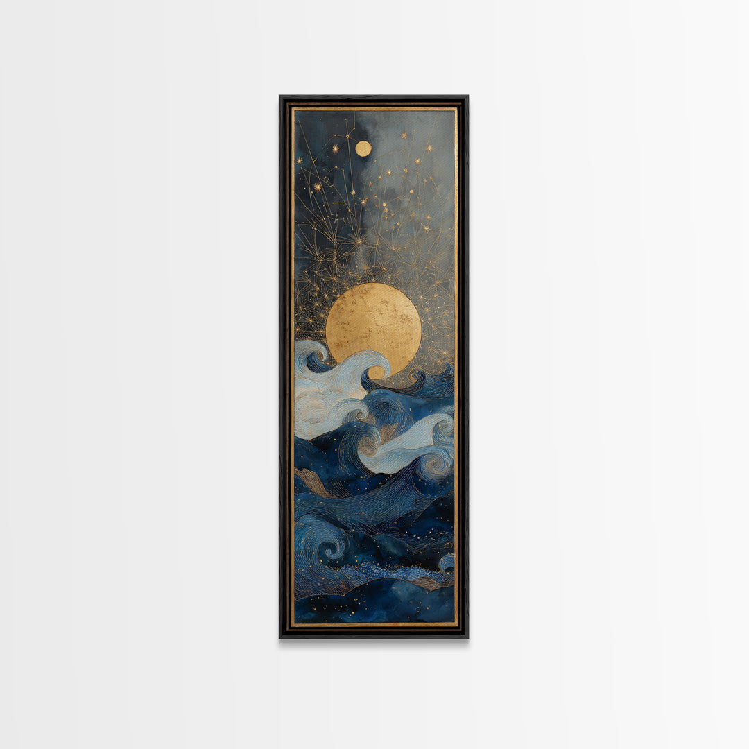 Golden Sun over Abstract Ocean Waves Framed Canvas Print, Celestial Art, Witchy Decor, Living Room Decor, Fine Art, Celestial, CEL-1x3-83
