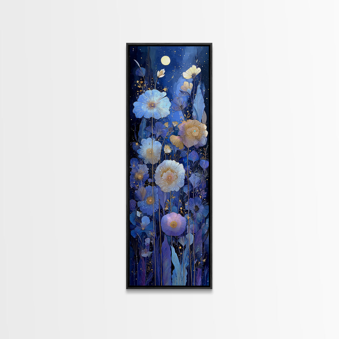 Moon Garden with Night Blooming Flowers Canvas Print, Celestial Art, Boho Art, Living Room Decor, Watercolor Art, Celestial, CEL-1x3-9