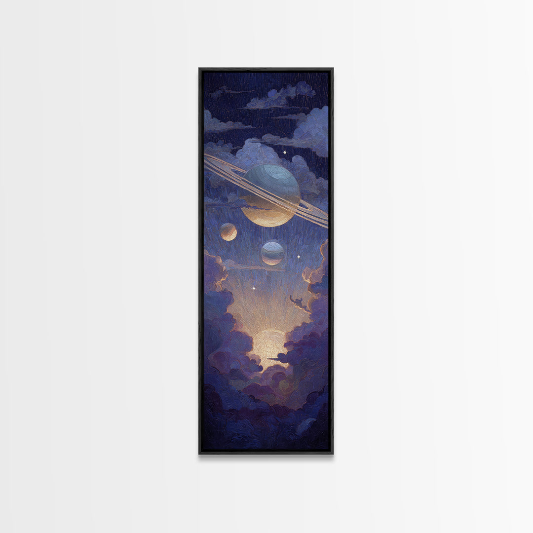 Glowing Planet with Rings and Tiny Moons Canvas Print, Celestial Art, Modern Decor, Living Room Decor, Oil Painting, Celestial, CEL-1x3-90
