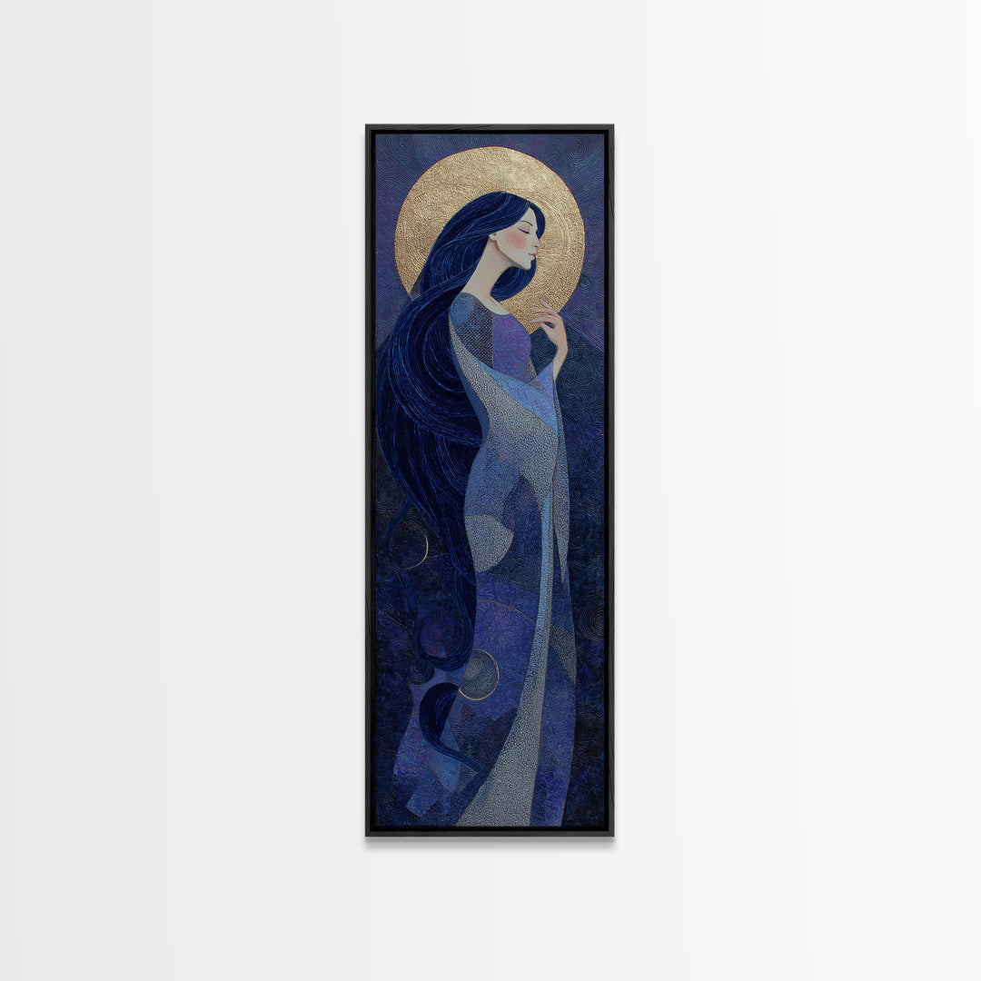 Celestial Goddess with Flowing Midnight Hair Framed Canvas Print, Celestial Art, Retro Wall Art, Living Room Decor, Celestial, CEL-1x3-91