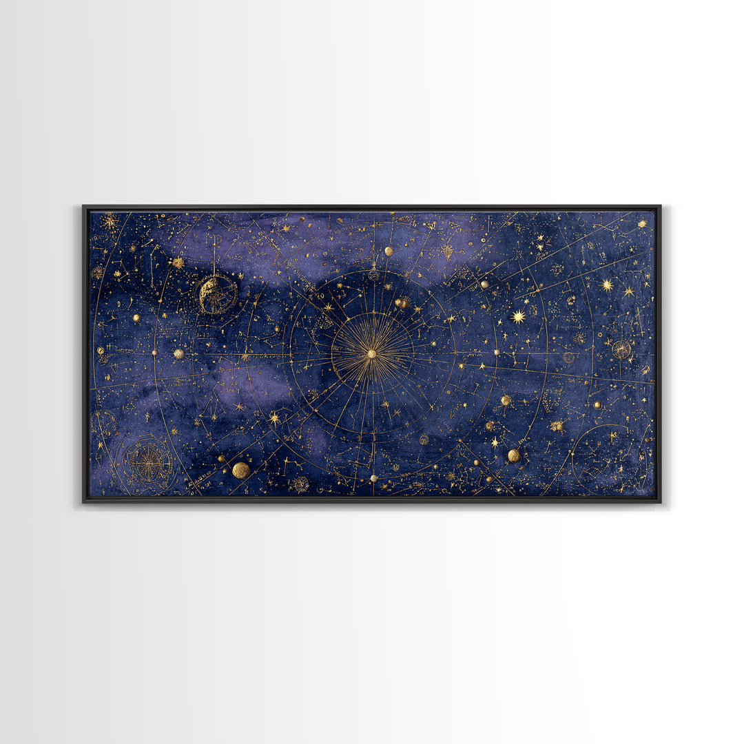 Gold Constellation Map on Deep Navy Texture Framed Canvas Print, Celestial Art, Whimsical Art, Living Room Decor, Celestial, CEL-2x1-100