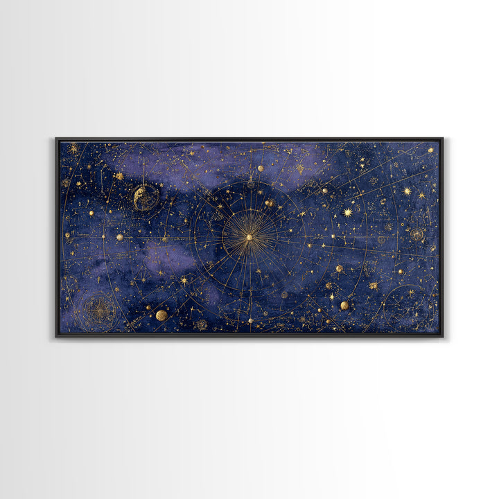 Gold Constellation Map on Deep Navy Texture Framed Canvas Print, Celestial Art, Whimsical Art, Living Room Decor, Celestial, CEL-2x1-100