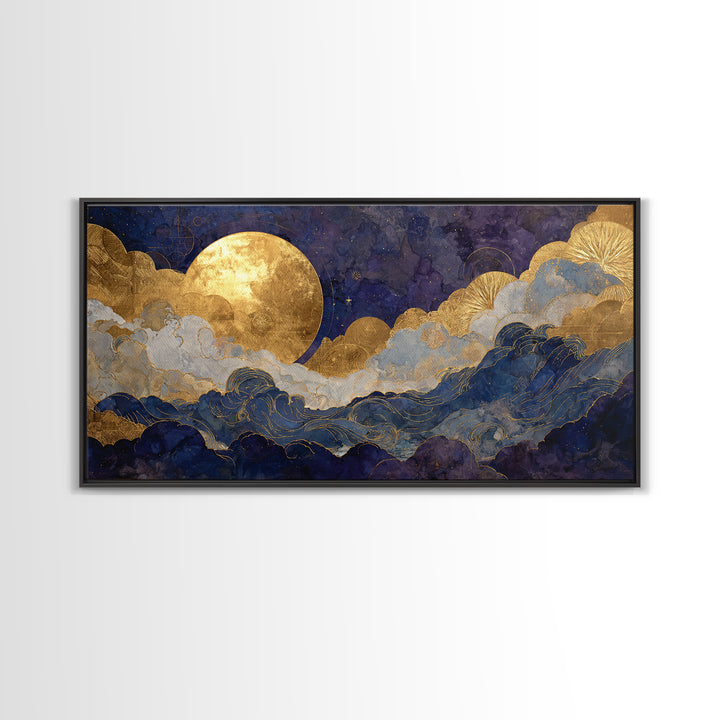Golden Sun over Abstract Ocean Waves Framed Canvas Print, Celestial Art, Collage Art, Living Room Decor, Fine Art, Celestial, CEL-2x1-19