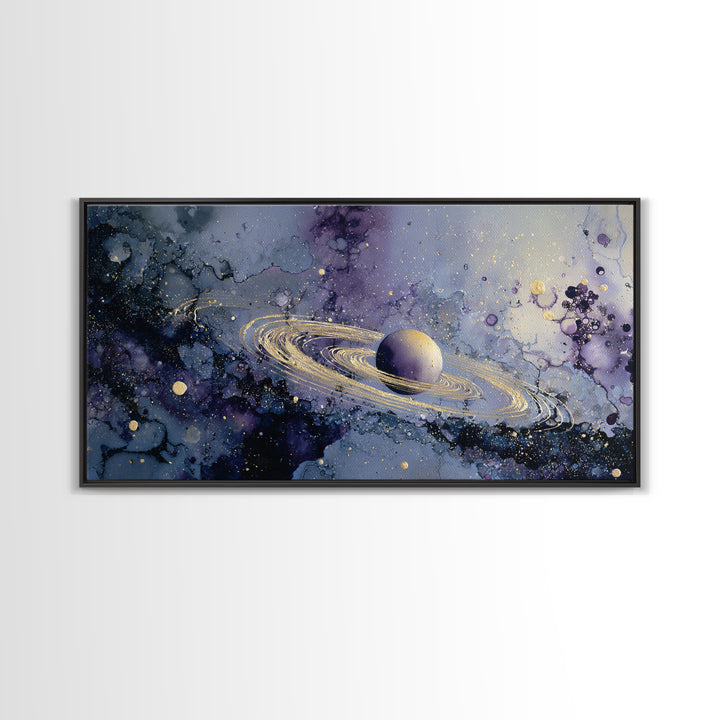 Glowing Planet with Rings and Tiny Moons Canvas Print, Celestial Art, Neutral Decor, Living Room Decor, Abstract Art, Celestial, CEL-2x1-2
