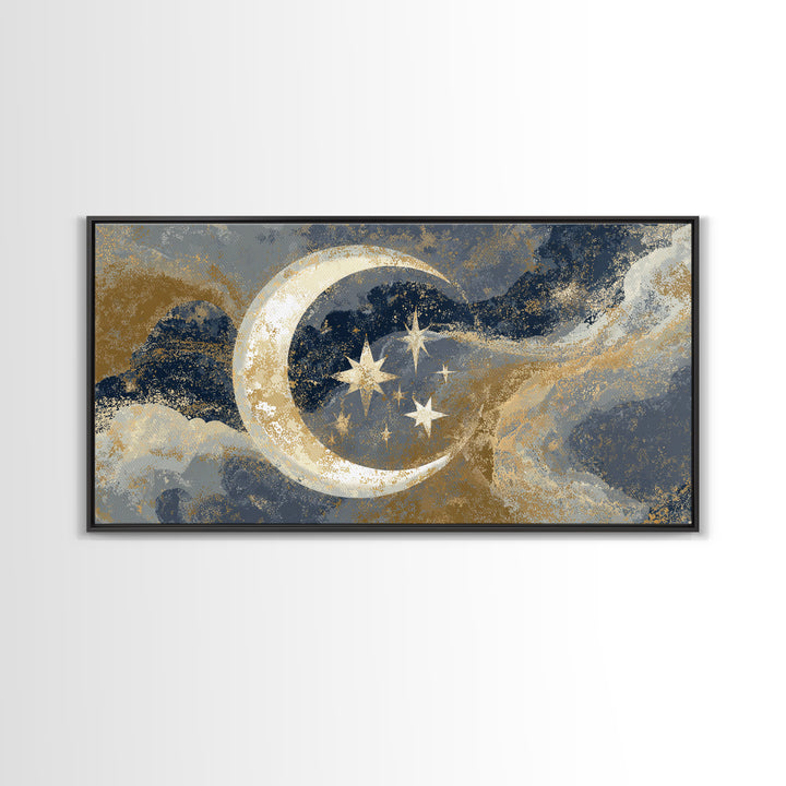 Crescent Moon Cradling a Cluster of Stars Canvas Print, Celestial Art, Luxury Decor, Living Room Decor, Oil Painting, Celestial, CEL-2x1-21