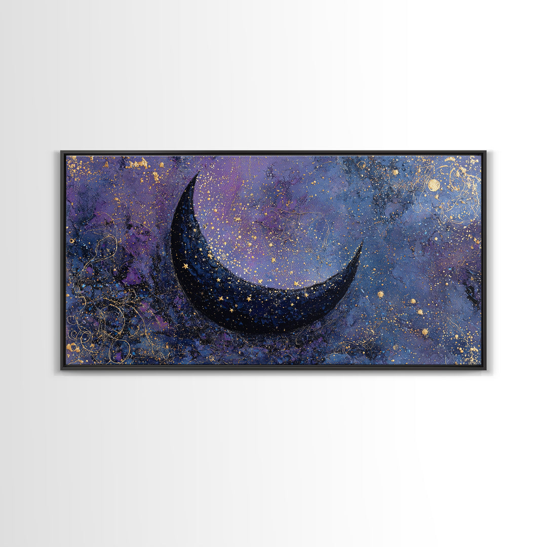 Crescent Moon Cradling a Cluster of Stars Framed Canvas Print, Celestial Art, Contemporary Art, Living Room Decor, Celestial, CEL-2x1-45