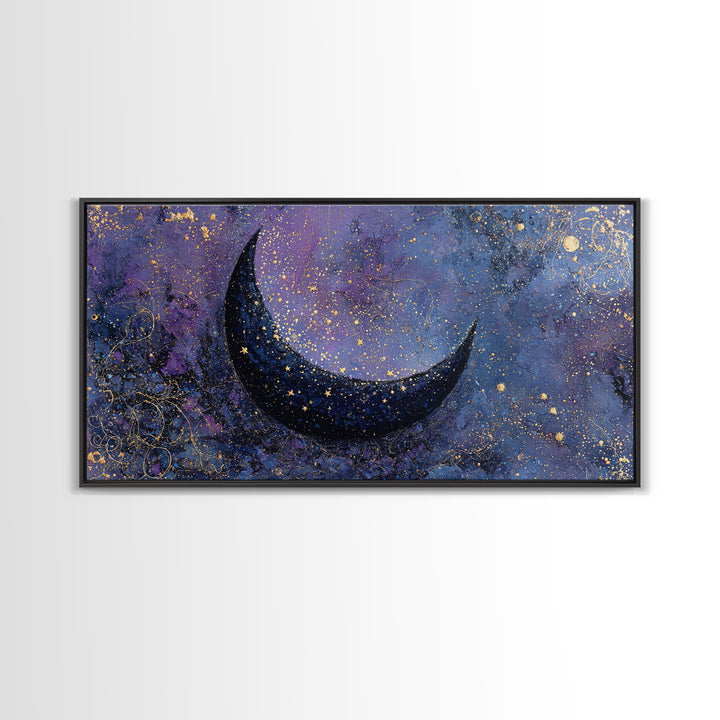 Crescent Moon Cradling a Cluster of Stars Framed Canvas Print, Celestial Art, Contemporary Art, Living Room Decor, Celestial, CEL-2x1-45