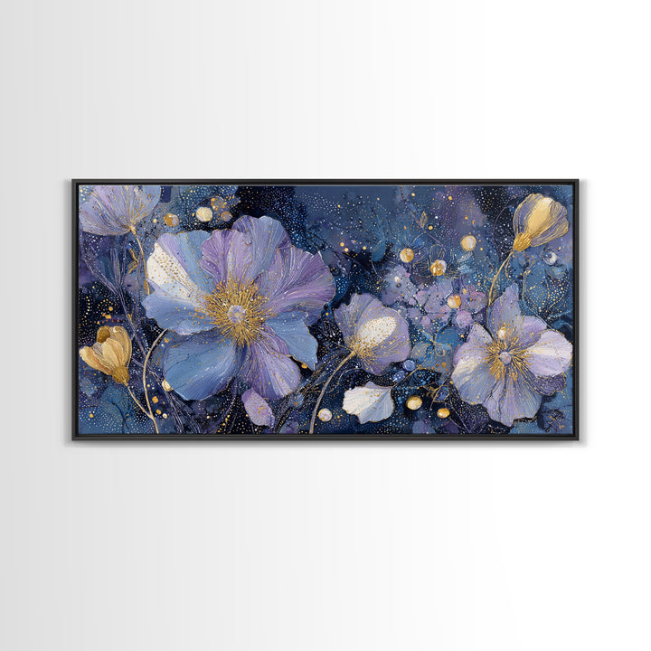 Moon Garden with Night Blooming Flowers Framed Canvas Print, Celestial Art, Minimalist Decor, Living Room Decor, Celestial, CEL-2x1-65