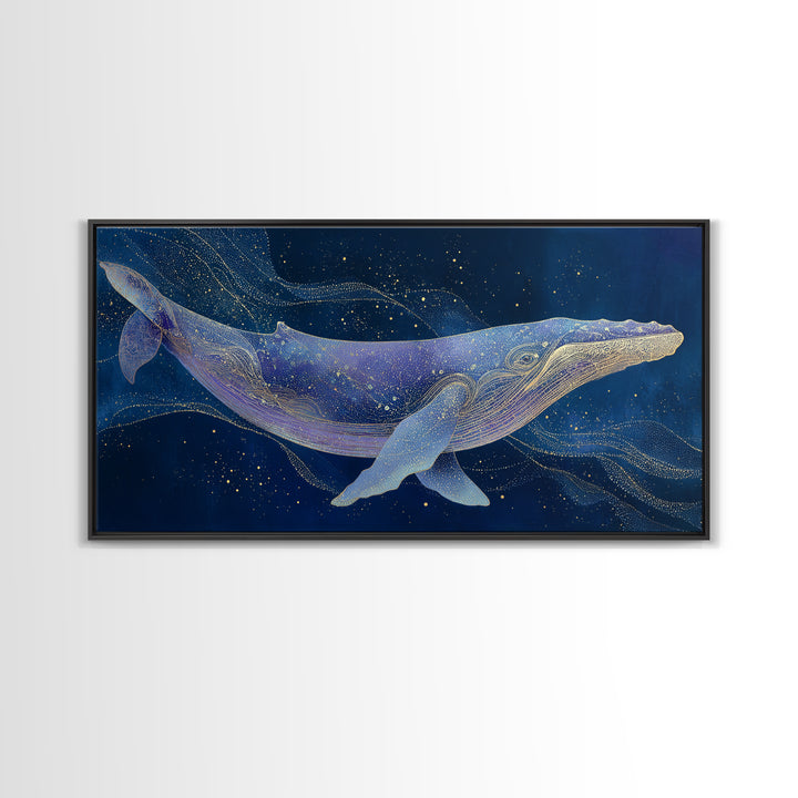 Cosmic Whale Swimming Through a Star Field Framed Canvas Print, Celestial Art, Digital Print, Living Room Decor, Celestial, CEL-2x1-97