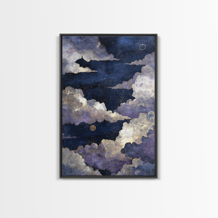 Moonlit Cloudscape with Silver Highlights Canvas Print, Celestial Art, Textured Painting, Living Room Decor, Celestial, CEL-2x3-17