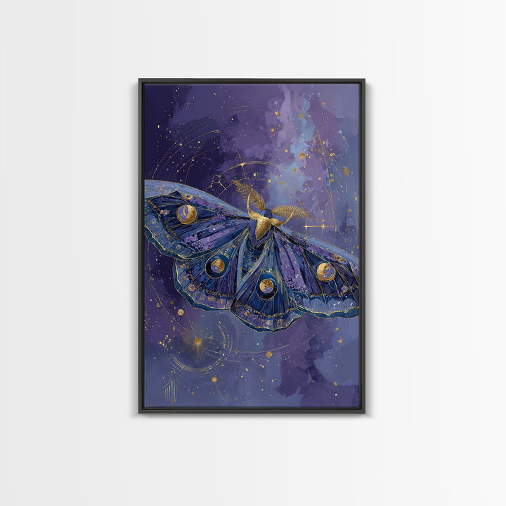 Celestial Moth with Moon Markings Framed Canvas Print, Celestial Art, Gallery Decor, Living Room Decor, Abstract Art, Celestial, CEL-2x3-26