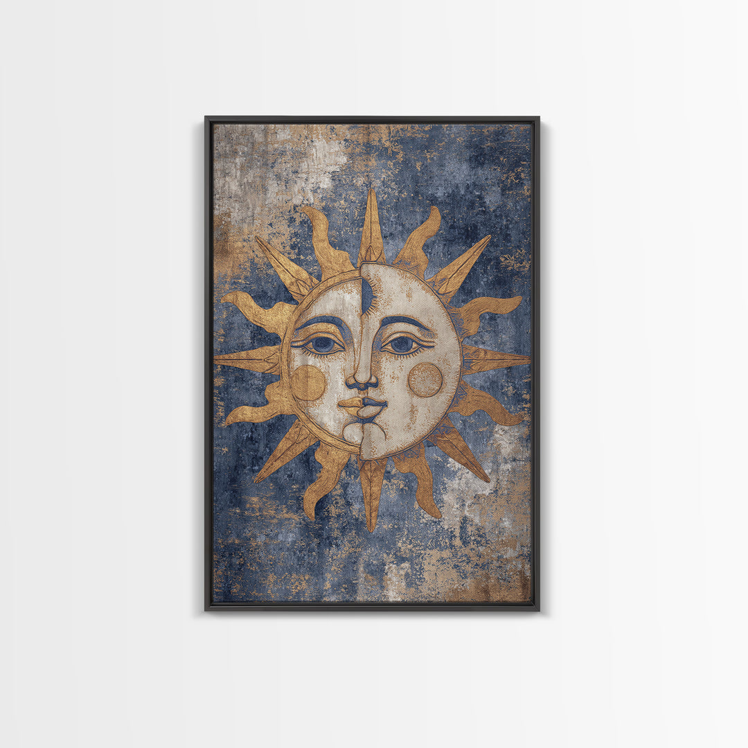 Sun and Moon Faces Framed Canvas Print, Celestial Art, Luxury Decor, Living Room Decor, Oil Painting, Celestial, Digital Print, CEL-2x3-34