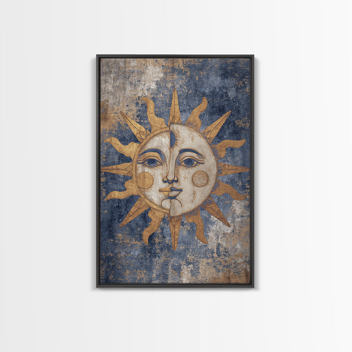 Sun and Moon Faces Framed Canvas Print, Celestial Art, Luxury Decor, Living Room Decor, Oil Painting, Celestial, Digital Print, CEL-2x3-34