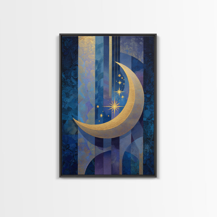Crescent Moon Cradling a Cluster of Stars Canvas Print, Celestial Art, Living Room Decor, Oil Painting, Celestial, CEL-2x3-57