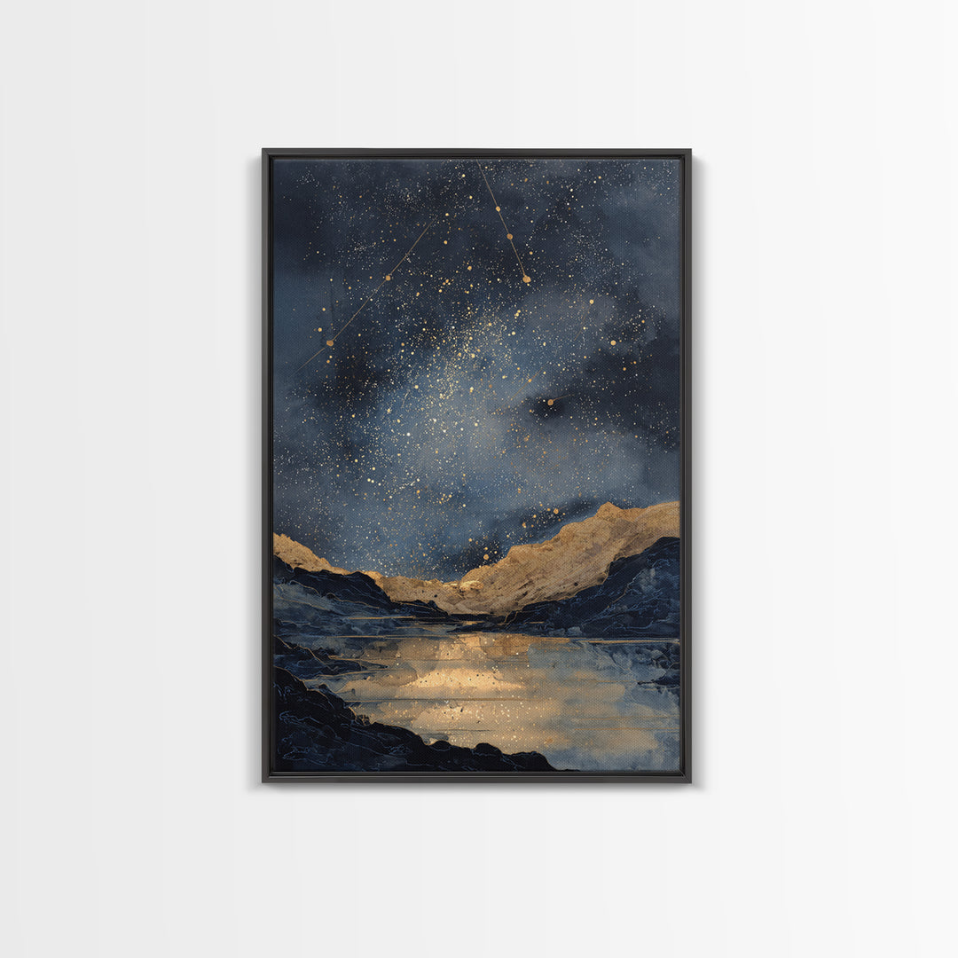 Night Sky over a Quiet Mountain Lake Framed Canvas Print, Celestial Art, Boho Decor, Living Room Decor, Fine Art, Celestial, CEL-2x3-59
