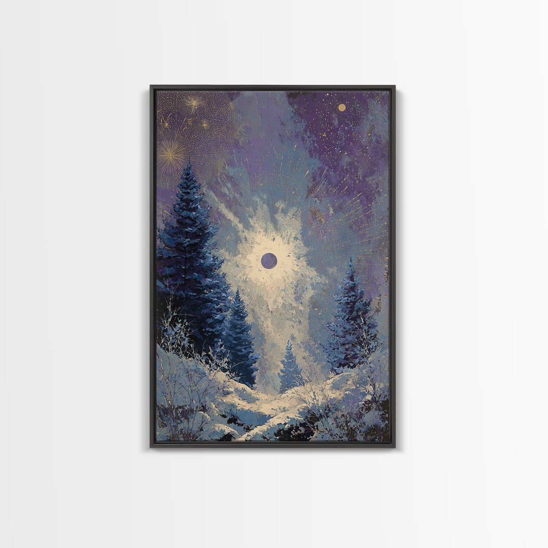 Aurora Borealis over Snowy Pines Framed Canvas Print, Celestial Art, Printable Wall Art, Living Room Decor, Fine Art, Celestial, CEL-2x3-73