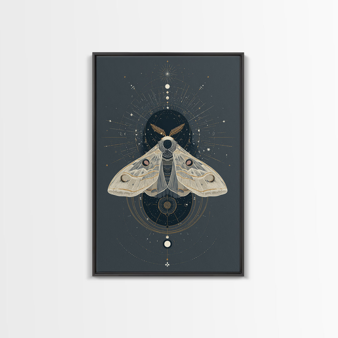 Celestial Moth with Moon Markings Framed Canvas Print, Celestial Art, Living Room Decor, Watercolor Art, Celestial, CEL-2x3-74