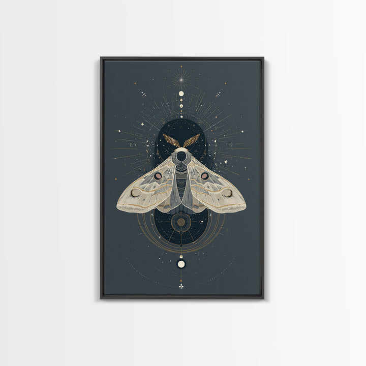 Celestial Moth with Moon Markings Framed Canvas Print, Celestial Art, Living Room Decor, Watercolor Art, Celestial, CEL-2x3-74