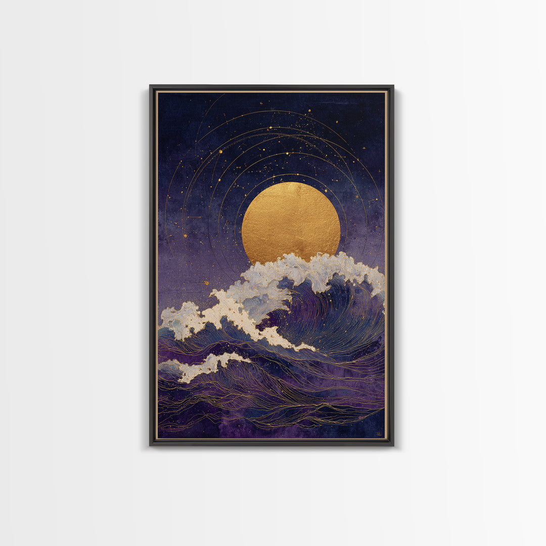 Golden Sun over Abstract Ocean Waves Canvas Print, Celestial Art, Statement Artwork, Living Room Decor, Fine Art, Celestial, CEL-2x3-79