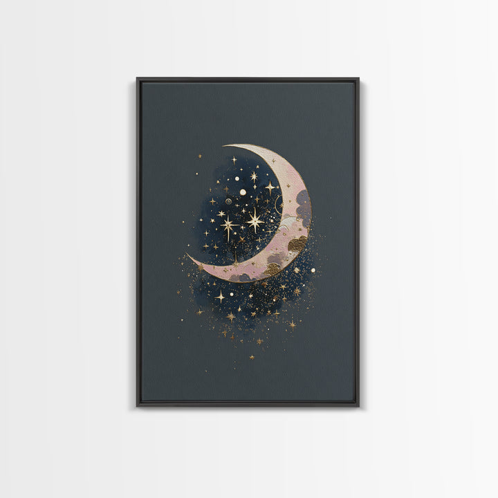 Crescent Moon Cradling a Cluster of Stars Canvas Print, Celestial Art, Art Print, Living Room Decor, Fine Art, Celestial, CEL-2x3-9