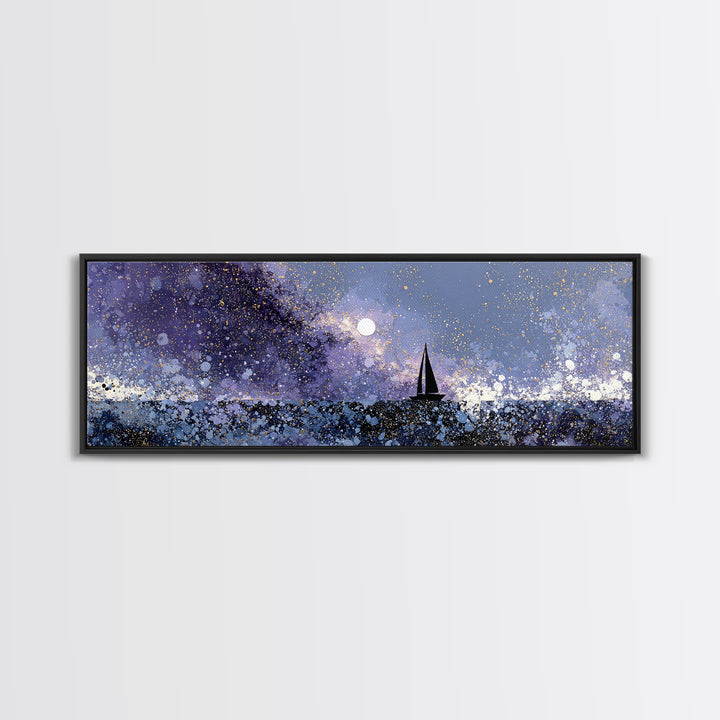 Tiny Sailboat Beneath a Huge Moon Canvas Print, Celestial Art, Statement Artwork, Living Room Decor, Fine Art, Celestial, CEL-3x1-35