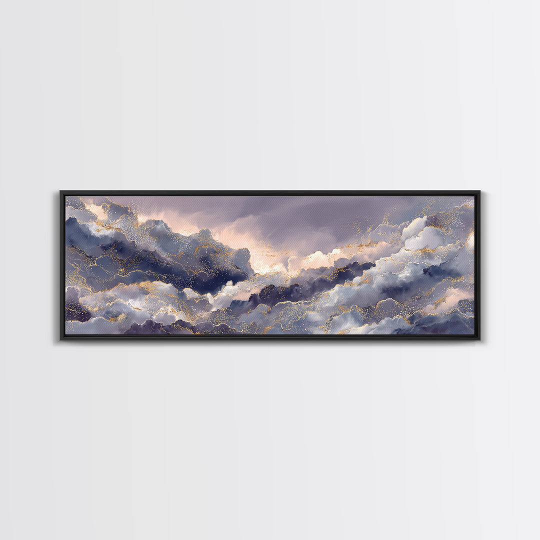 Moonlit Cloudscape with Silver Highlights Canvas Print, Celestial Art, Watercolor Painting, Living Room Decor, Abstract Art, CEL-3x1-49