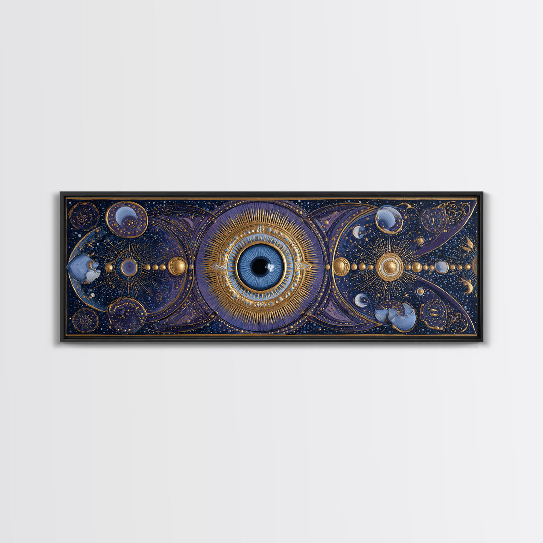 Mystic Eye Surrounded by Moons and Constellations Framed Canvas Print, Celestial Art, Art Print, Living Room Decor, Celestial, CEL-3x1-56