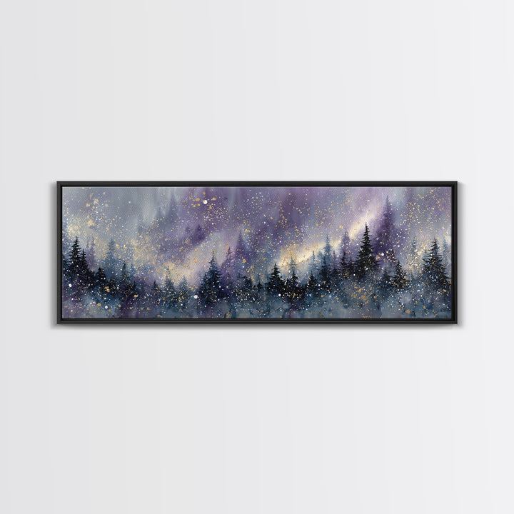 Aurora Borealis over Snowy Pines Framed Canvas Print, Celestial Art, Retro Wall Art, Living Room Decor, Fine Art, Celestial, CEL-3x1-57