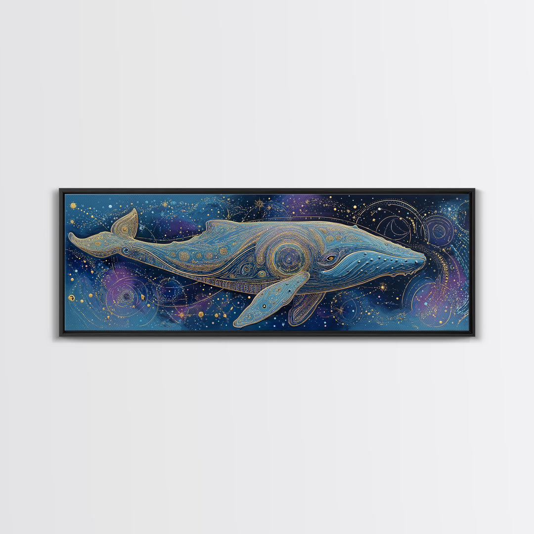 Cosmic Whale Swimming Through a Star Field Framed Canvas Print, Celestial Art, Modern Art, Living Room Decor, Celestial, CEL-3x1-69