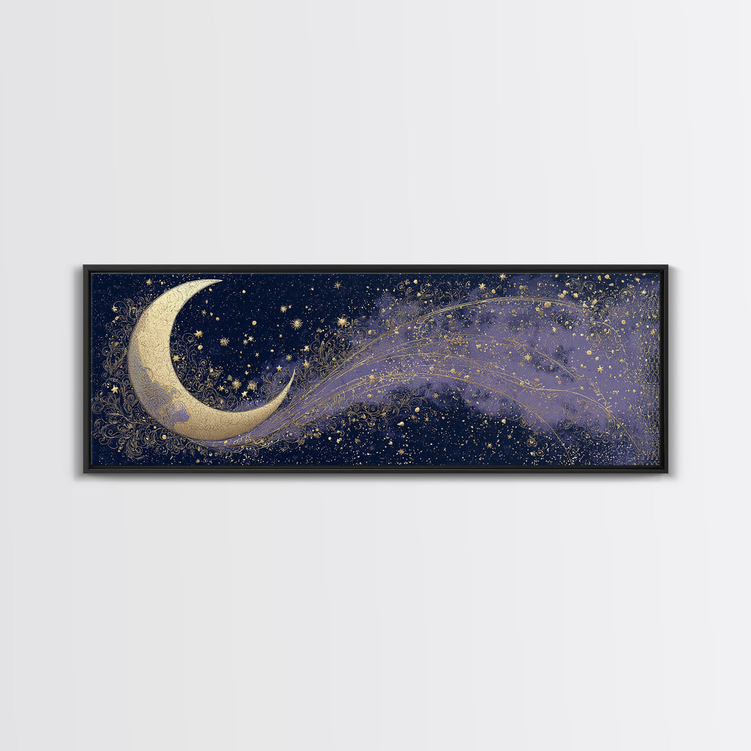 Crescent Moon Cradling a Cluster of Stars Canvas Print, Celestial Art, Digital Download Art, Living Room Decor, Celestial, CEL-3x1-89