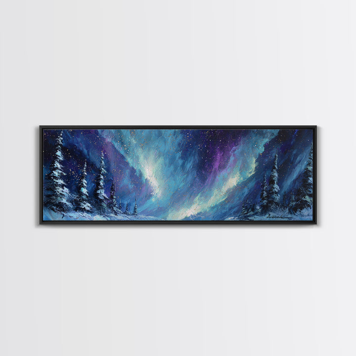 Aurora Borealis over Snowy Pines Framed Canvas Print, Celestial Art, Digital Art, Living Room Decor, Fine Art, Celestial, CEL-3x1-9