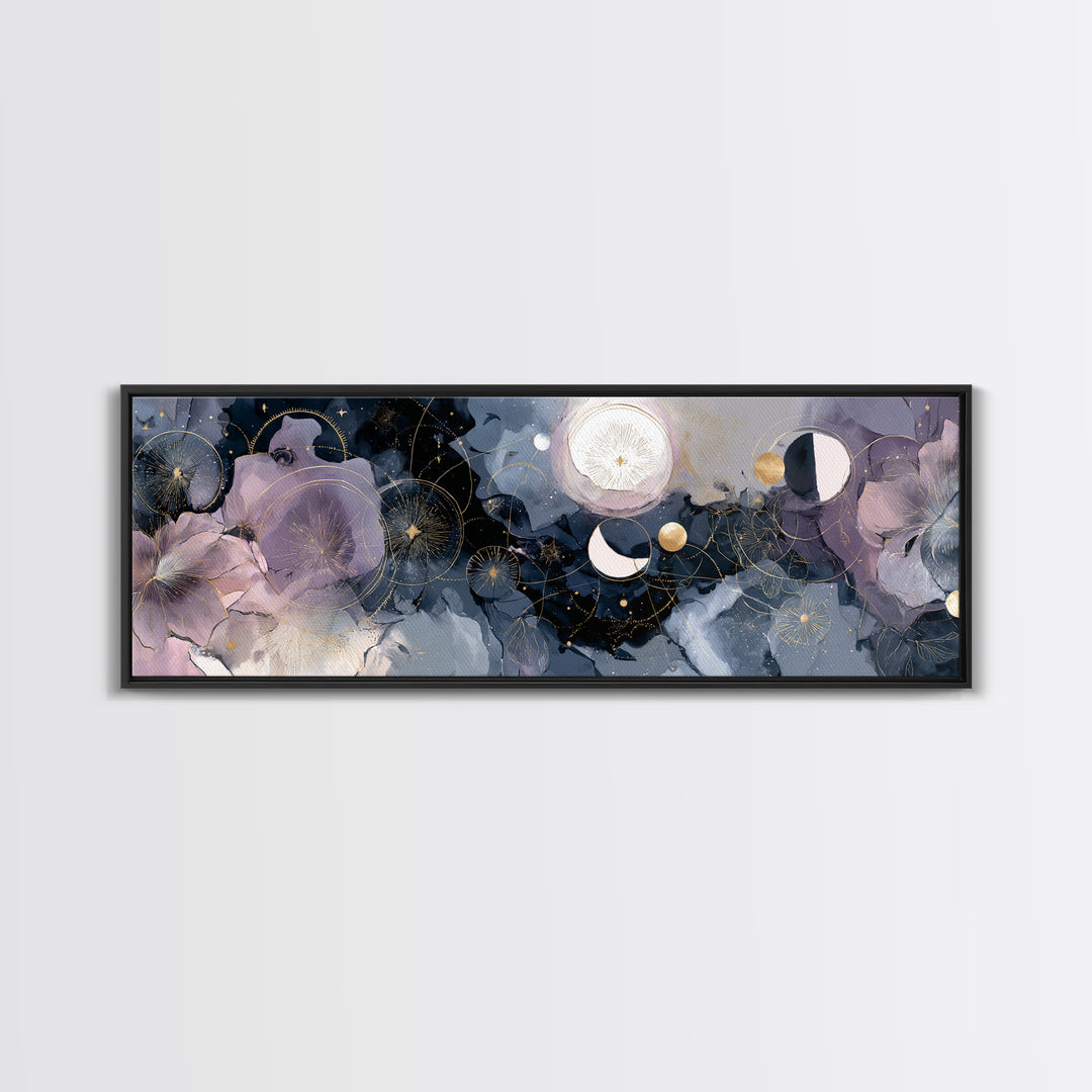 Lunar Phase Arc Above Delicate Botanicals Canvas Print, Celestial Art, Digital Art, Living Room Decor, Fine Art, Celestial, CEL-3x1-92