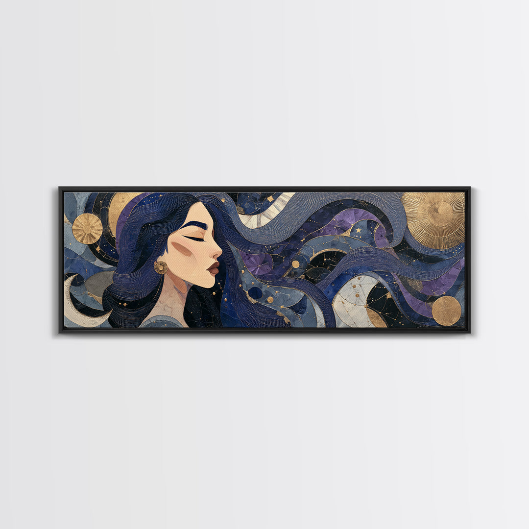 Celestial Goddess with Flowing Midnight Hair Canvas Print, Celestial Art, Gallery Decor, Living Room Decor, Fine Art, Celestial, CEL-3x1-95