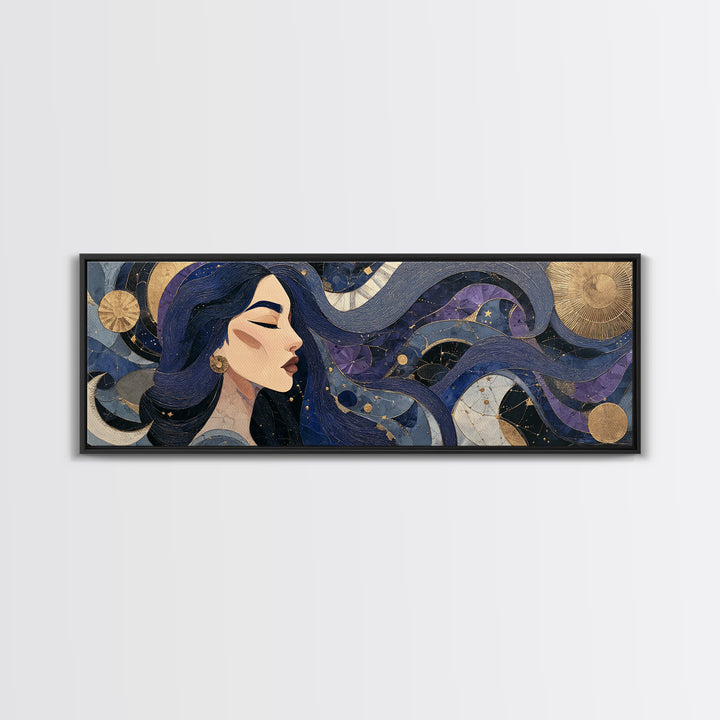 Celestial Goddess with Flowing Midnight Hair Canvas Print, Celestial Art, Gallery Decor, Living Room Decor, Fine Art, Celestial, CEL-3x1-95