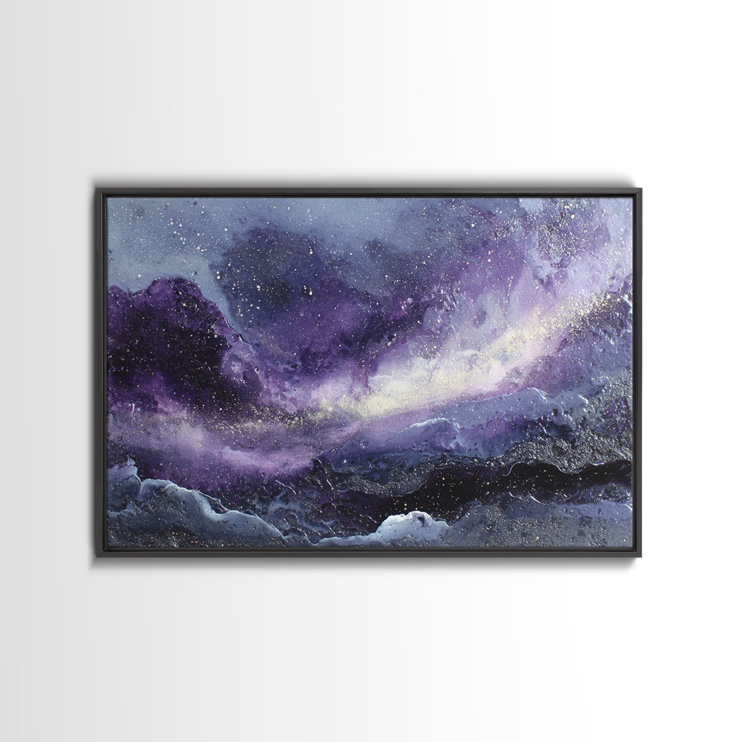 Dreamlike Comet Crossing a Violet Sky Framed Canvas Print, Celestial Art, Colorful Wall Art, Living Room Decor, Abstract Art, CEL-3x2-64