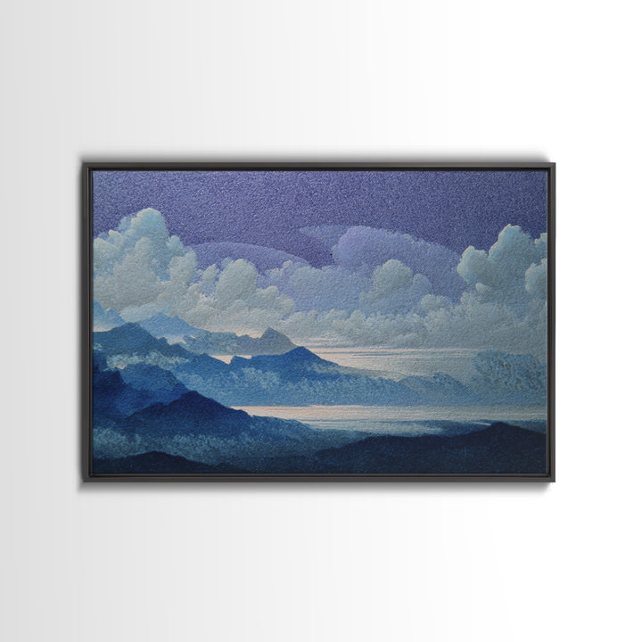 Night Sky over a Quiet Mountain Lake Framed Canvas Print, Celestial Art, Retro Wall Art, Living Room Decor, Fine Art, Celestial, CEL-3x2-79