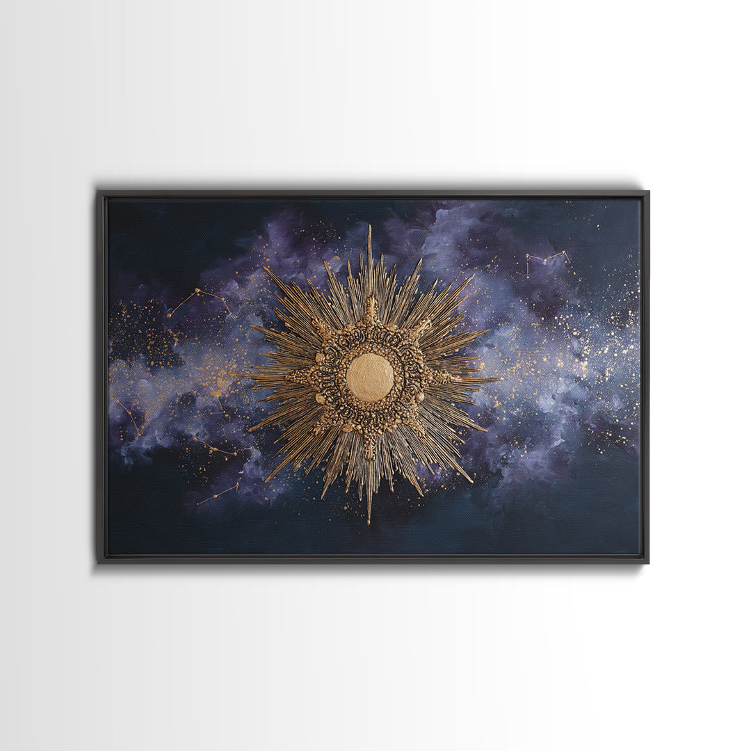 Sunburst Medallion with Ornate Rays Canvas Print, Celestial Art, Whimsical Art, Living Room Decor, Oil Painting, Celestial, CEL-3x2-89