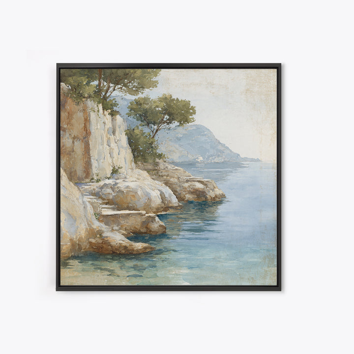 Mediterranean Cove with Cliff Shadows Framed Canvas Print, Coastal Art, Gallery Decor, Coastal Decor, Fine Art, Coastal, COA-1x1-41