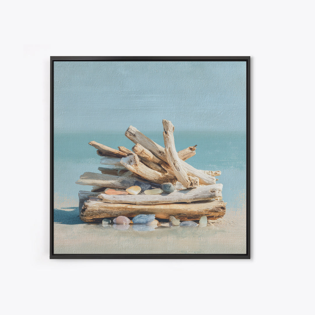 Driftwood and Sea Glass Still Life Canvas Print, Coastal Art, Ocean Wall Art, Coastal Decor, Watercolor Art, Coastal, COA-1x1-55