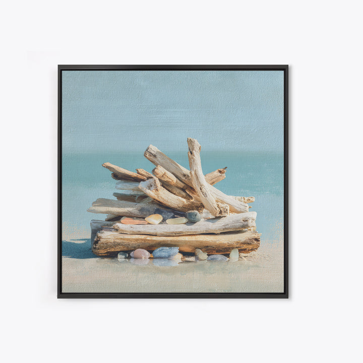 Driftwood and Sea Glass Still Life Canvas Print, Coastal Art, Ocean Wall Art, Coastal Decor, Watercolor Art, Coastal, COA-1x1-55