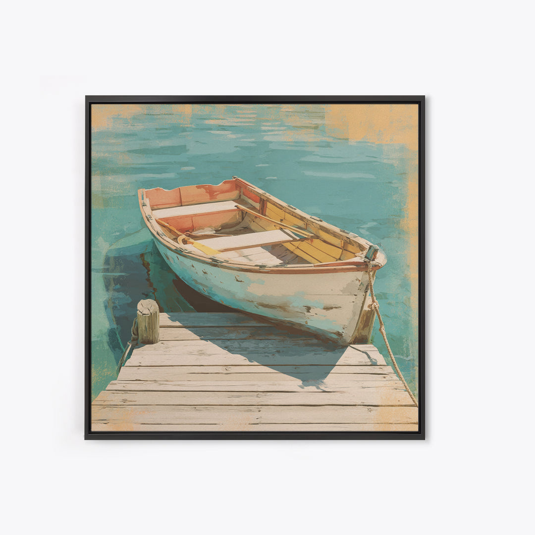 Small Rowboat Tied to a Wooden Dock Framed Canvas Print, Coastal Art, Gallery Decor, Coastal Decor, Fine Art, Coastal, COA-1x1-67