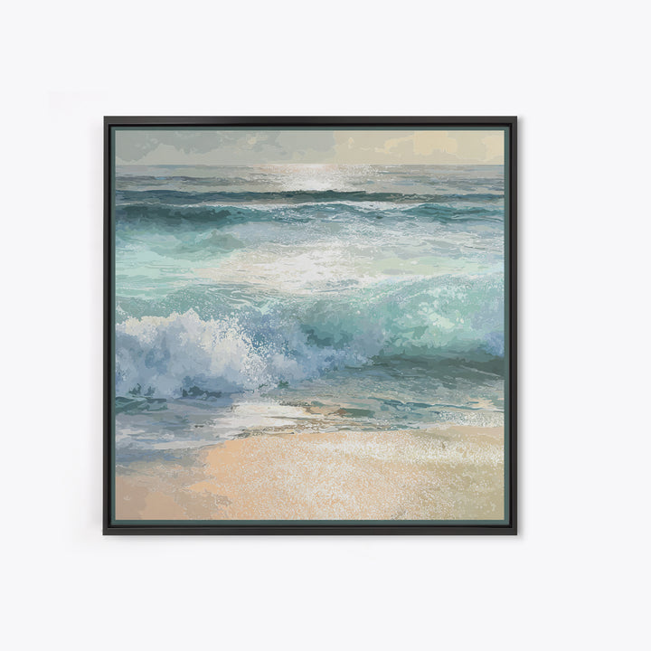 Moonlit Ocean with Silver Surf Framed Canvas Print, Coastal Art, Coastal Wall Decor, Coastal Decor, Oil Painting, Coastal, COA-1x1-70