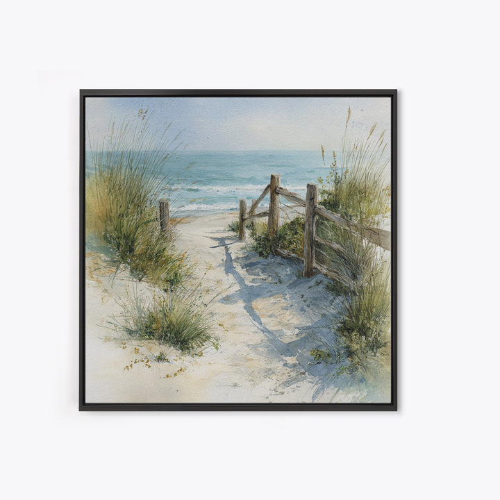 Soft Watercolor Dune Fence Scene Framed Canvas Print, Coastal Art, Textured Painting, Coastal Decor, Fine Art, Coastal, COA-1x1-88