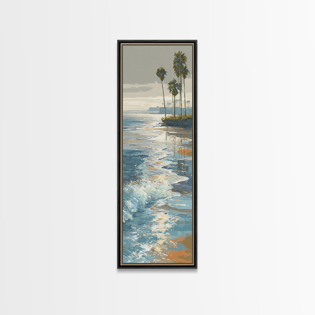 Moonlit Ocean with Silver Surf Framed Canvas Print, Coastal Art, Living Room Art, Coastal Decor, Watercolor Art, Coastal, COA-1x3-58