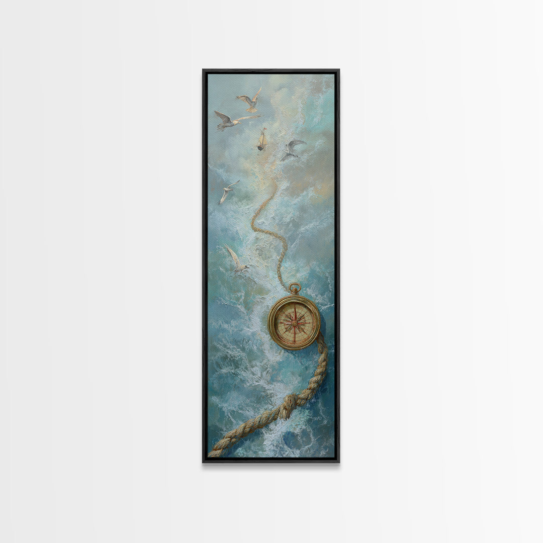 Weathered Nautical Rope and Brass Compass Framed Canvas Print, Coastal Art, Coastal Decor, Fine Art, Coastal, Fine Art Print, COA-1x3-75