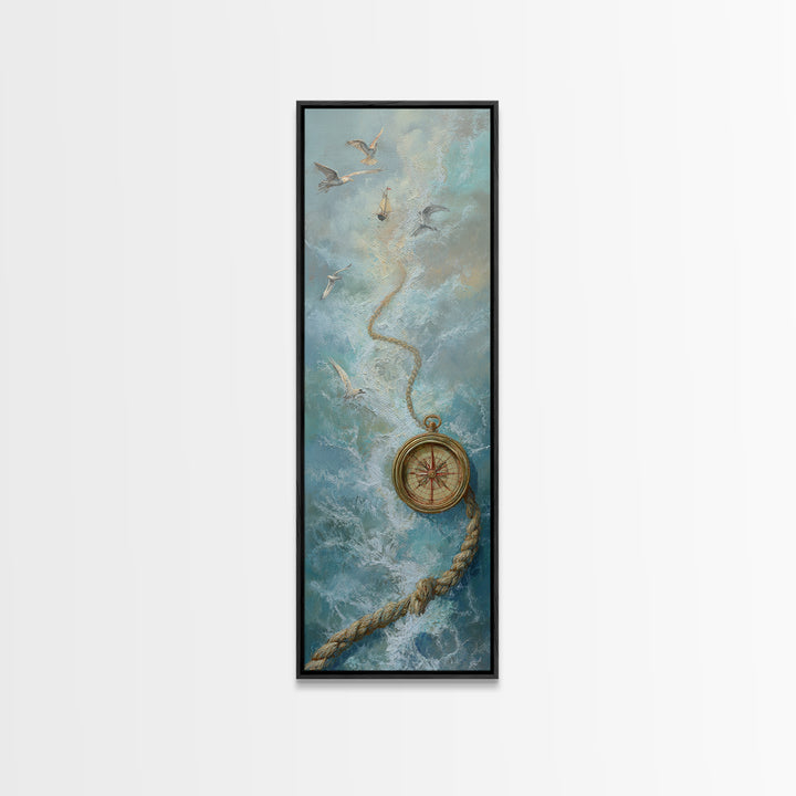 Weathered Nautical Rope and Brass Compass Framed Canvas Print, Coastal Art, Coastal Decor, Fine Art, Coastal, Fine Art Print, COA-1x3-75