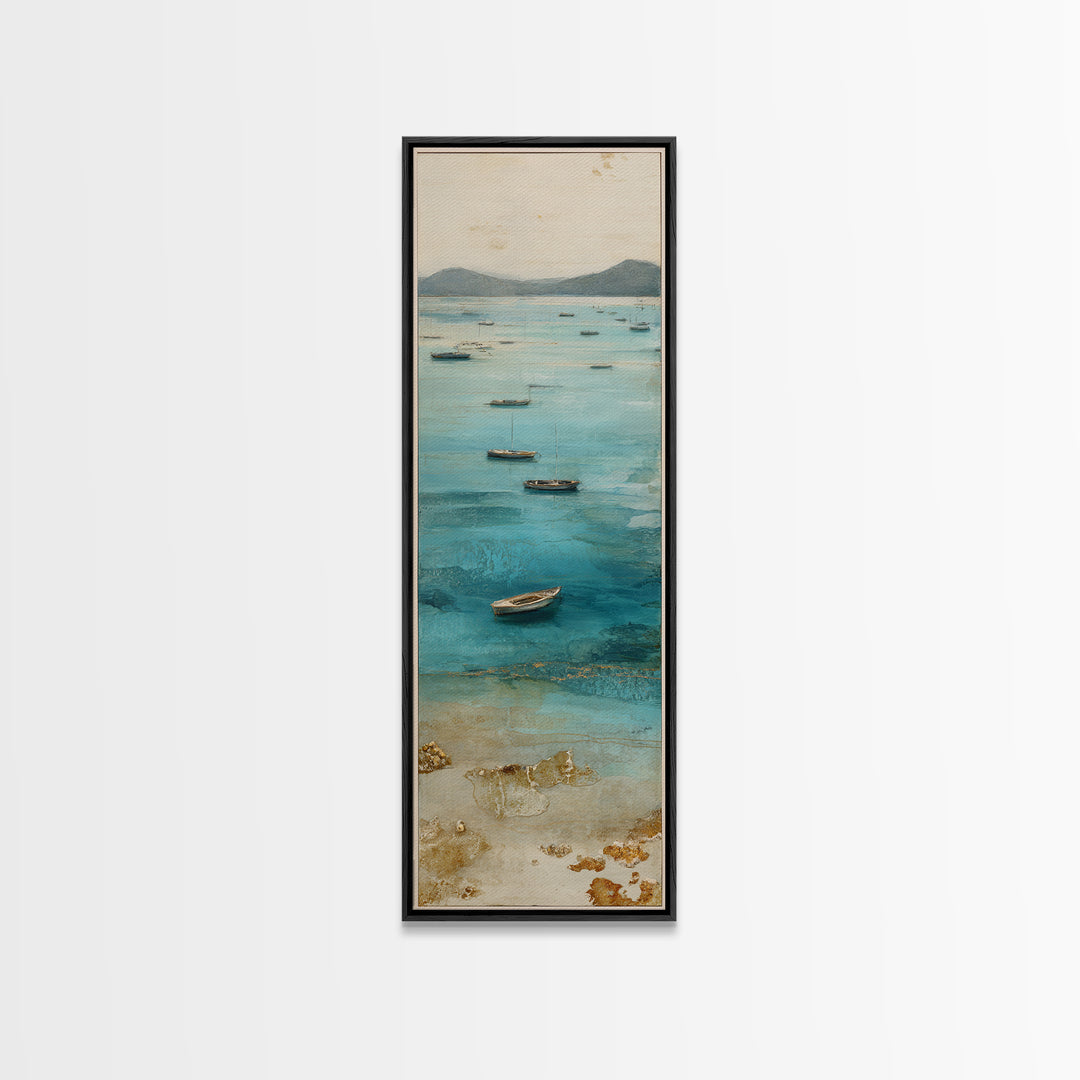 Foggy Harbor with Distant Boats Framed Canvas Print, Coastal Art, Beach Decor, Coastal Decor, Abstract Art, Coastal, COA-1x3-96